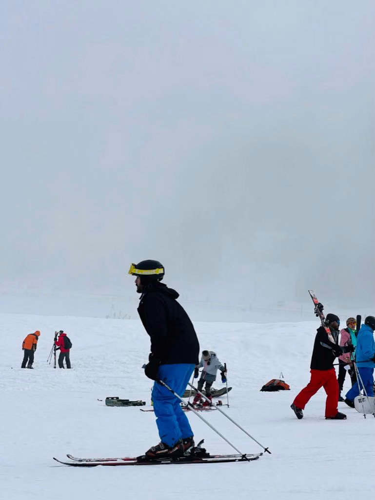 Beginner skier making first turns on the Gulmarg nursery slope